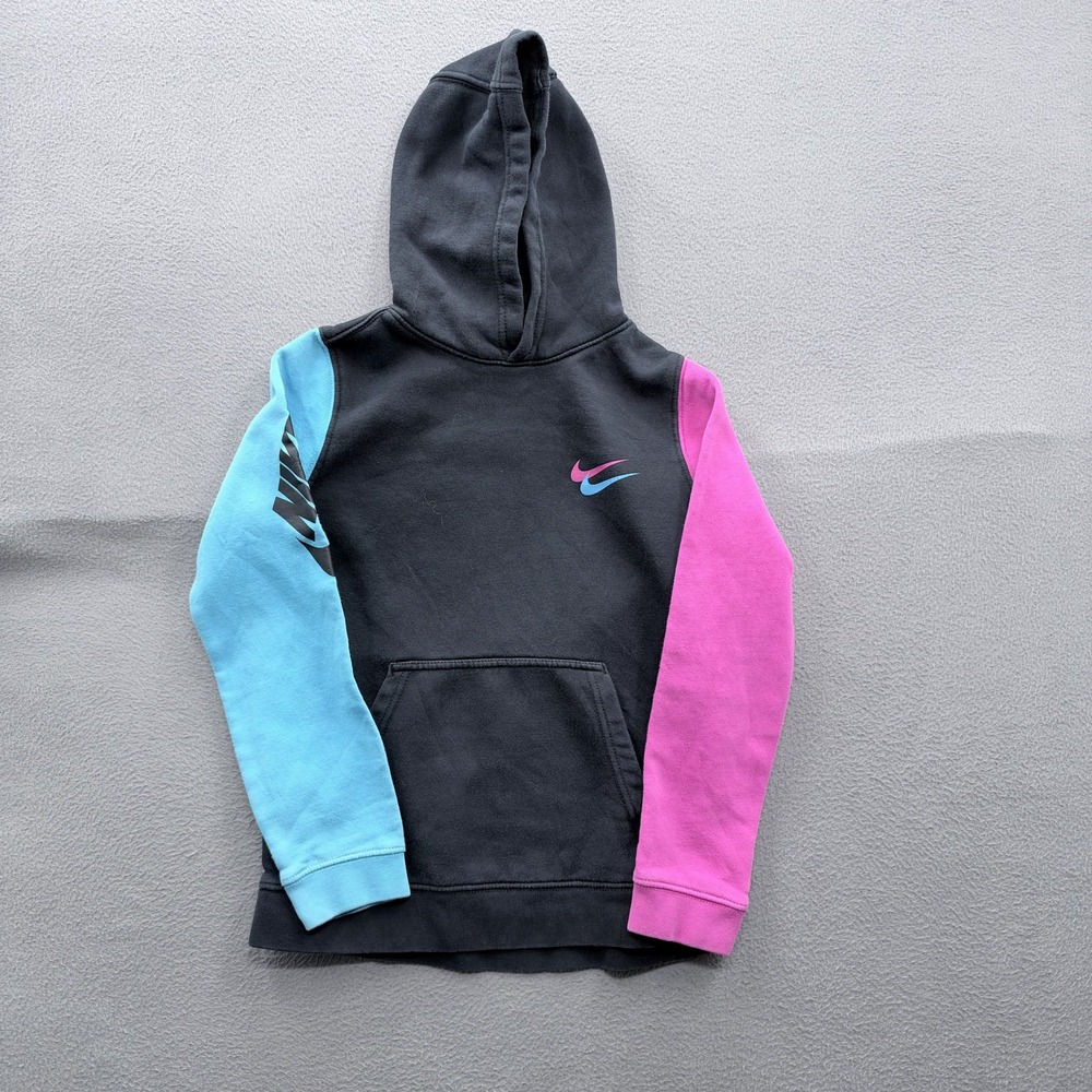 Nike Hoodie Youth Medium Black Colorblock Swoosh Fleece Pullover Kangaroo Pocket